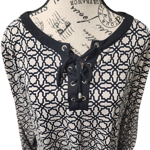 JM Collection Lace-Up Printed Tunic Top Women’s Large Boho Style Black Pink - Picture 11 of 14